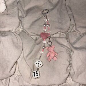 Anthropologie Pink Coquette Beaded Teddy Bear & Dice Bag Charm